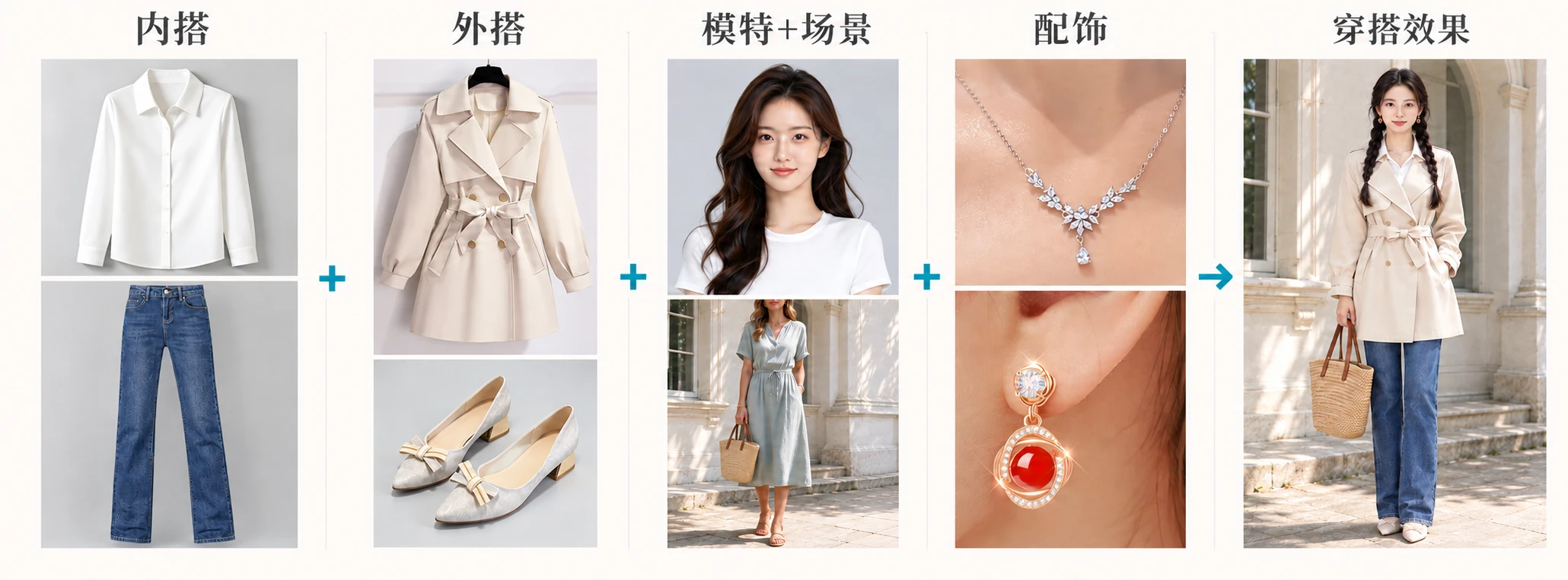 自由穿搭示例:白衬衫与牛仔裤作为内搭,搭配外套和鞋子,结合模特、场景、项链与耳环,生成完整穿搭效果